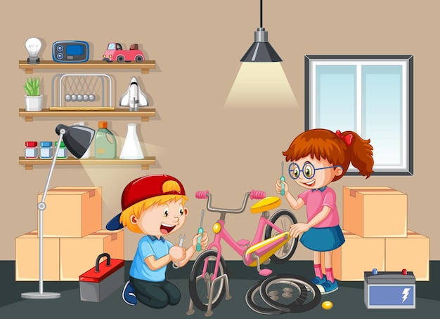 Crianças consertando uma bicicleta juntas na cena do quarto