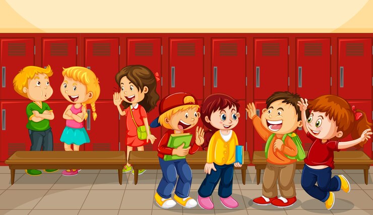 Vetor grátis crianças conversando com seus amigos com os armários da escola