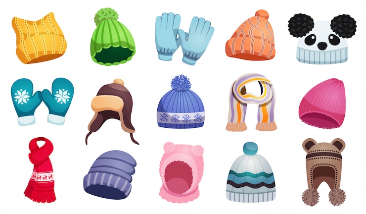 Vetor grátis crianças de chapéus de cachecol de inverno sazonal conjunto com quinze imagens isoladas de crianças usam ilustração
