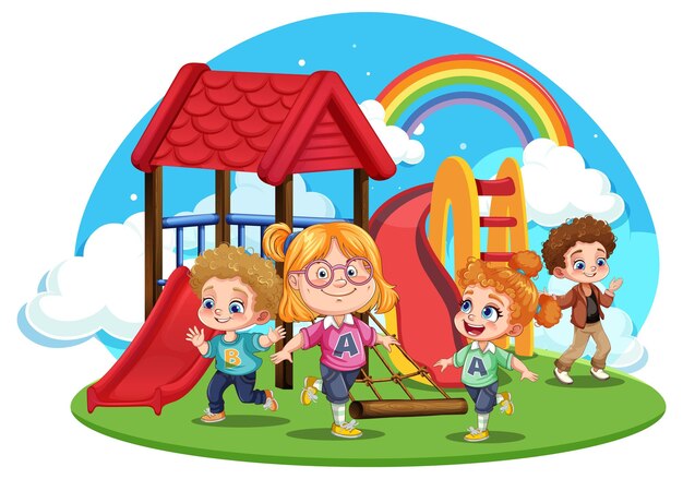 Crianças de raças diferentes brincando no escorregador do playground