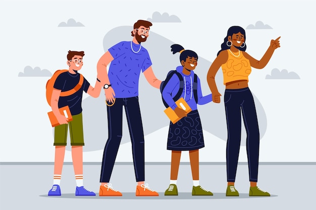 Crianças de volta à escola com os pais