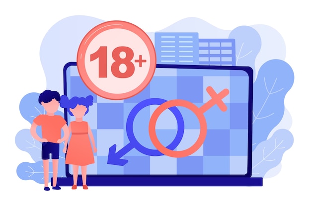 Vetor grátis crianças em laptop com restrição de conteúdo adulto para vídeo impróprio. conteúdo adulto, notificação de conteúdo sexual, conceito de restrição de idade 18