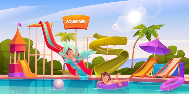 Crianças em parque aquático, atrações parque aquático de diversões