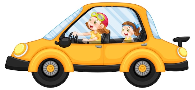 Crianças em um carro amarelo em estilo cartoon