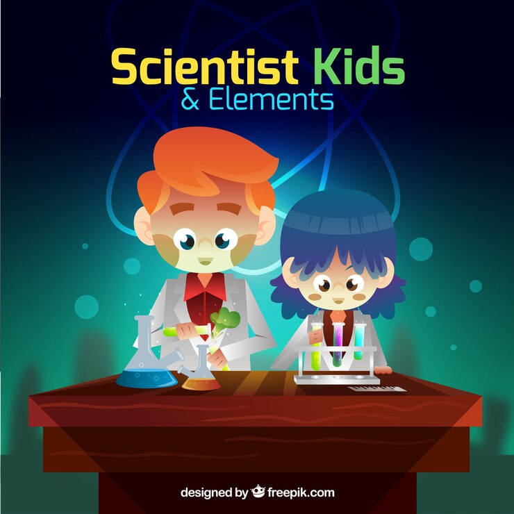 Vetor grátis crianças engraçadas do cientista com elementos