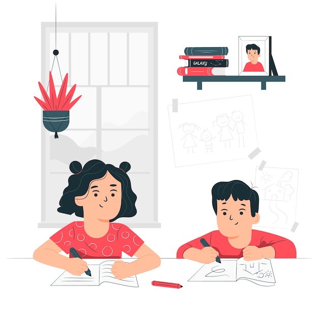 Crianças estudando em casa conceito ilustração