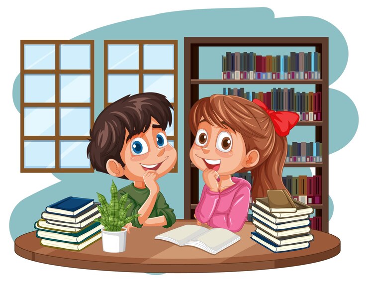 Vetor grátis crianças estudando em uma biblioteca