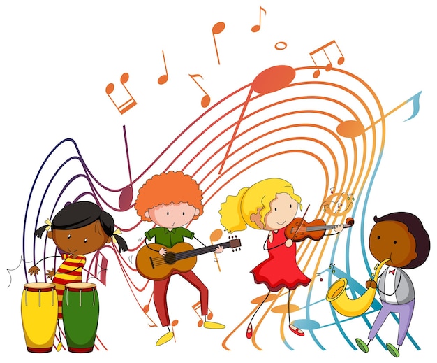 Crianças felizes com símbolos de melodia musical em fundo branco