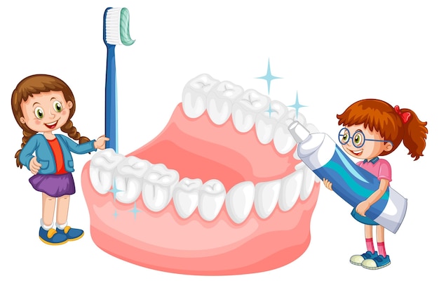 Crianças felizes escovando dentes brancos com uma escova de dentes nas costas brancas
