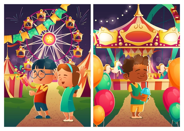 Crianças felizes no parque de diversões de carnaval à noite. parque de diversões com tenda de circo, montanha-russa, carrossel, roda gigante e fogos de artifício no céu. vector cartoon paisagem de verão com parque de diversões e crianças