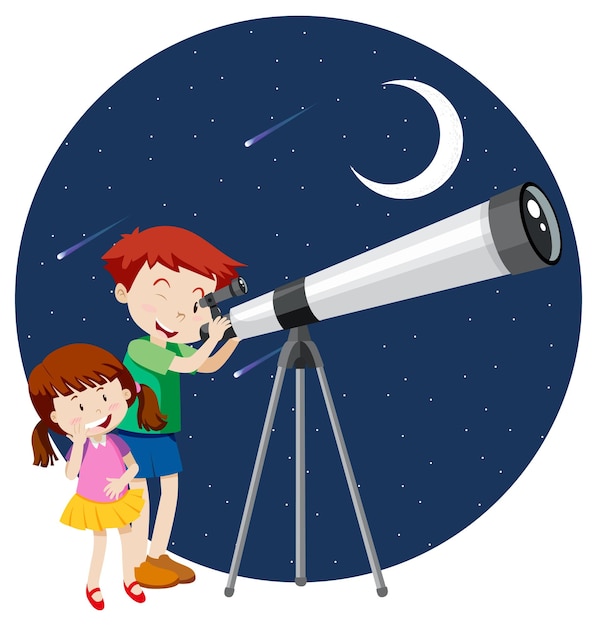 Crianças felizes observam o céu noturno com telescópio