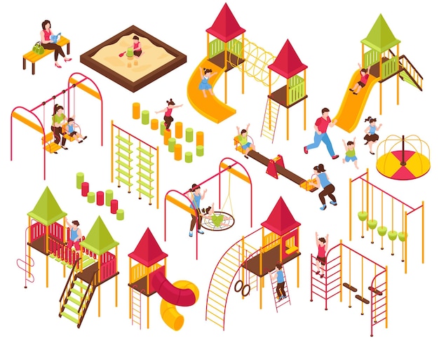 Crianças isométricas, parquinho infantil, pais, crianças, com imagens isoladas de carrosséis de escadas de gangorras na ilustração vetorial de fundo em branco