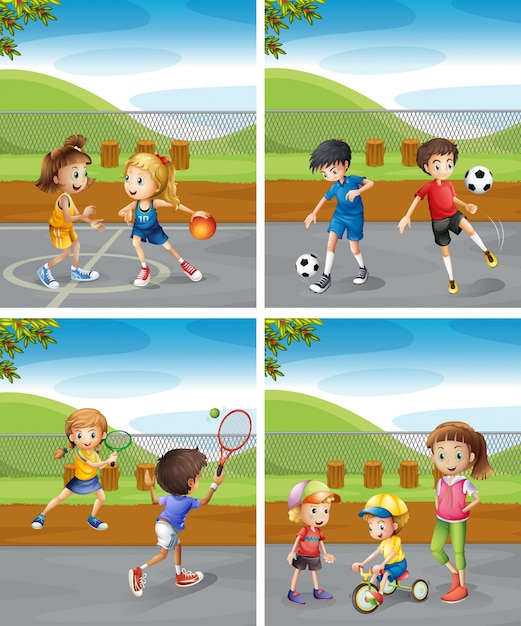 Vetor grátis crianças jogando diferentes esportes na ilustração do parque