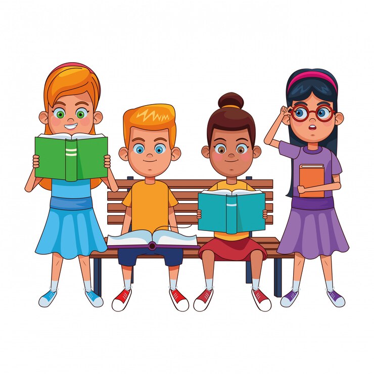 Vetor grátis crianças jovens, com, livros, ligado, um, banco