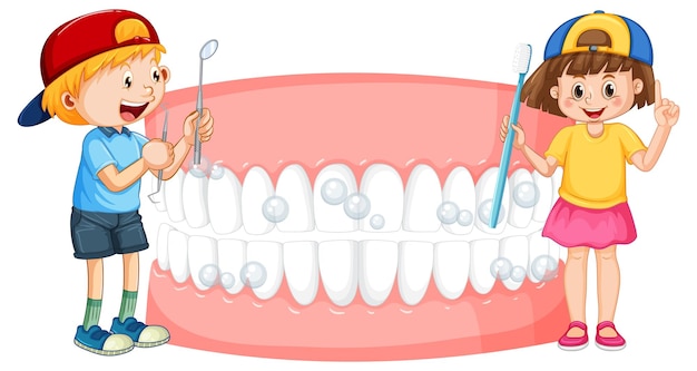 Crianças segurando espelho dental e escova de dentes com dentes branqueados