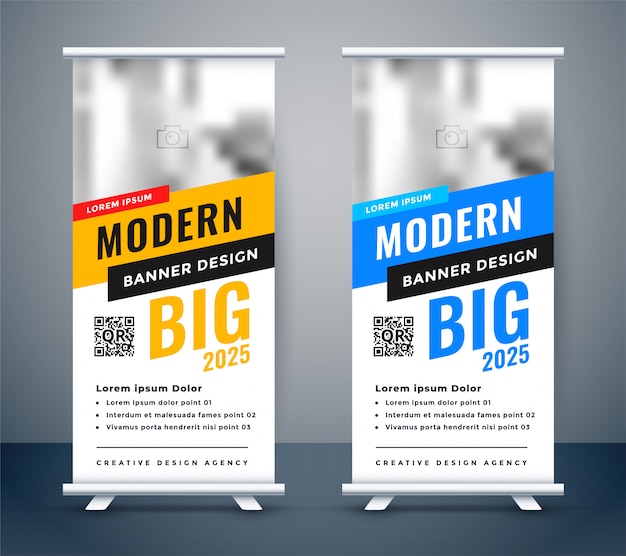 Vetor grátis criativo azul e amarelo rollup standee banner design