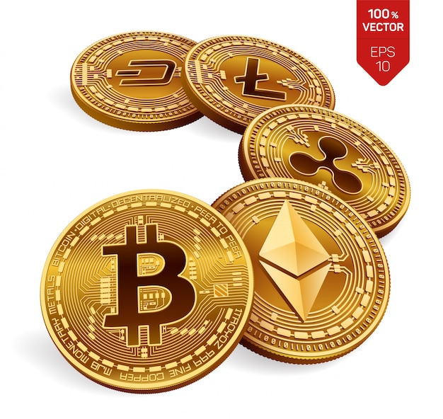 Criptomoeda de moedas físicas bitcoin, ripple, ethereum, dash e litecoin. Vetor Premium