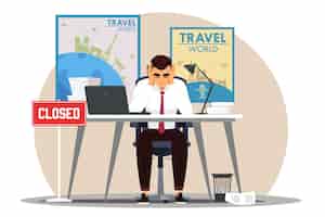 Vetor grátis crise de colapso de negócios na economia da agência de viagens falha homem deprimido sentado dentro de estresse e falência na empresa