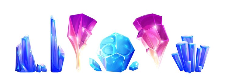 Vetor grátis cristais de pedra preciosa ou diamante conjunto de vetores de desenho animado de recursos minerais de jóias para tesouro ou jogo de geologia ui conceito pedaço de pedra preciosa e estalactites preciosas e estalagmites de cores azul e rosa
