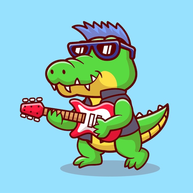 Vetor grátis crocodilo bonito tocando guitarra elétrica dos desenhos animados ícone ilustração vetorial ícone de música animal isolado