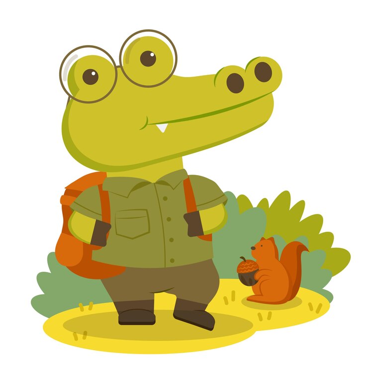 Vetor grátis crocodilo de personagem animal vestindo roupas de caminhada e mochila confortável.