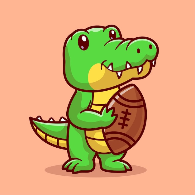 Crocodilo fofo segurando a bola de rugby cartoon ilustração de ícone vetorial ícone de esporte animal isolado