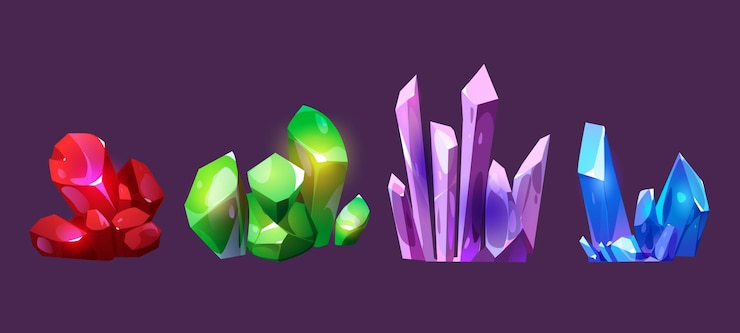 Vetor grátis crystal gem and magic stone vector game jewel set fantasy diamond treasure and gemstone ui isolated icon design shiny underground mine piece for interface item in blue red and purple color