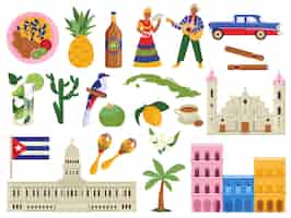 Vetor grátis cuba ícones planos conjunto de símbolos cubanos pratos nacionais marcos pessoas fauna e flora ilustração vetorial isolada