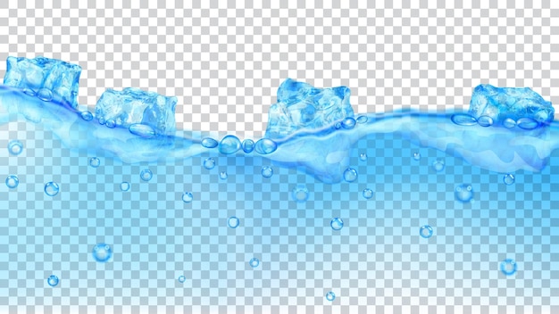 Cubos de gelo de azul claro translúcido e muitas bolhas de ar flutuando na água em fundo transparente. transparência apenas em formato vetorial Vetor Premium