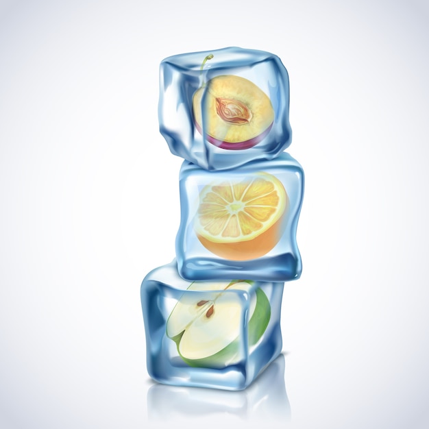 Cubos de gelo realistas com frutas dentro no fundo branco