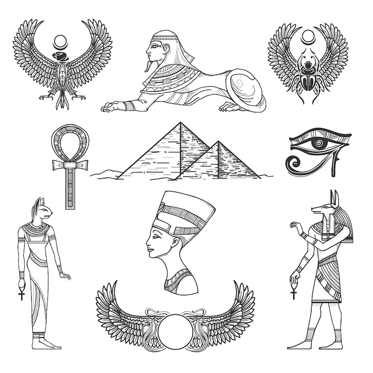 Vetor grátis cultura de símbolos do egito, personagem de ícone, pirâmide antiga, ilustração vetorial