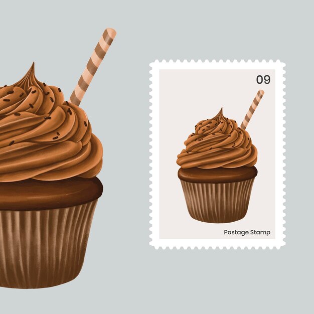 Cupcake de chocolate com vetor de selo postal