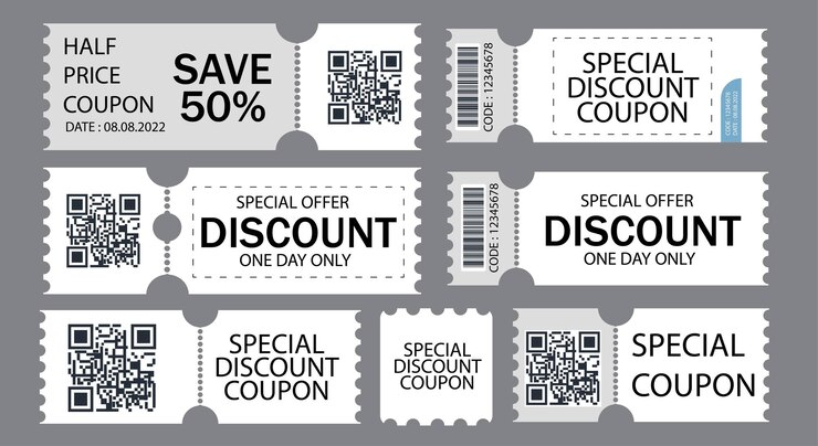 Vetor grátis cupom de desconto vetorial oferta de metade do preço código promocional vale-presente e modelo de cupons