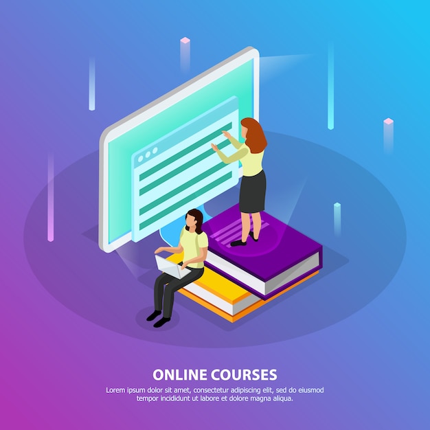 Vetor grátis cursos on-line isométricos com duas mulheres estudando à distância usando o computador desktop