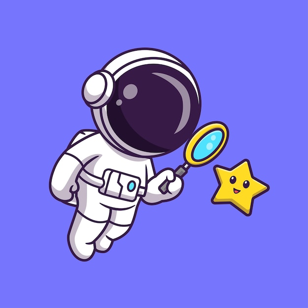 Vetor grátis cute astronaut looking star com lupe cartoon vector icon ilustração ciência techno