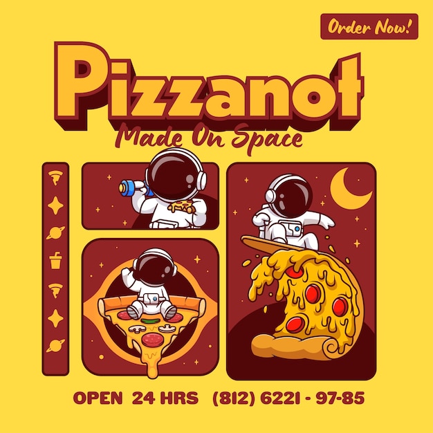 Vetor grátis cute astronaut pizza brosure vector de desenho animado icon ilustração icon de comida animal icon isolado vector plano