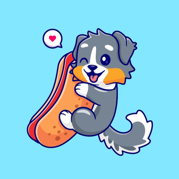 Vetor grátis cute australian shepherd dog hug hotdog cartoon vector icon ilustração animal food isolado flat