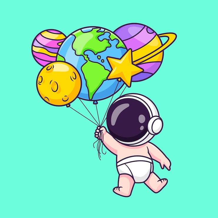 Vetor grátis cute baby astronaut flutuando com planeta e lua balão de desenho animado ícone vector ilustração ciência