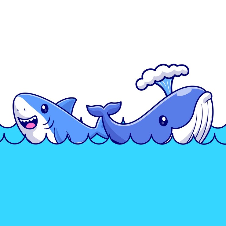 Vetor grátis cute baleia azul e tubarão nadando juntos em ondas desenho animado ícone vetorial ilustração natureza animal