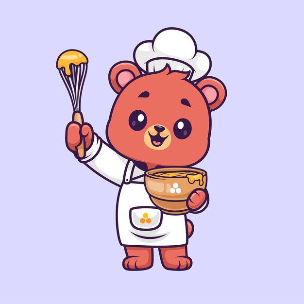 Cute Bear Chef Cooking Honey Cartoon Icon Ilustração Animal Food Icon Conceito Isolado