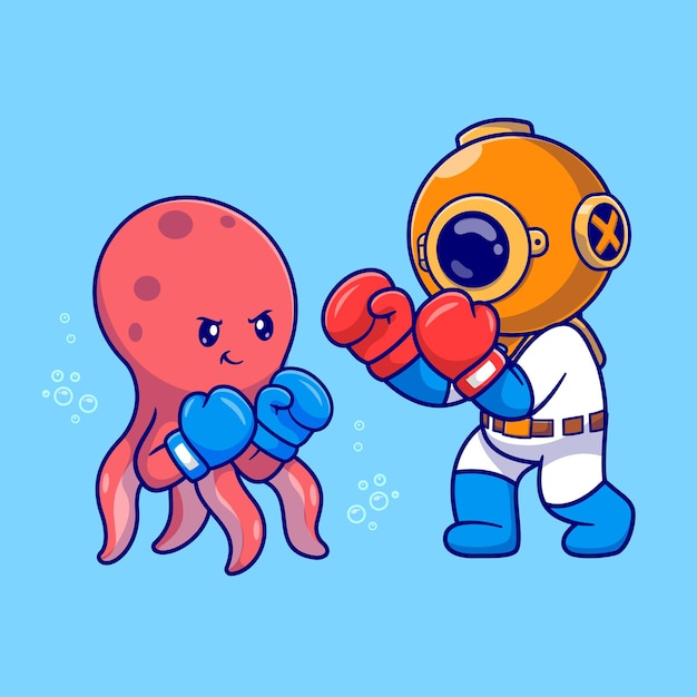 Cute diver boxing with octopus cartoon vector icon ilustração ciência esporte vector plano isolado