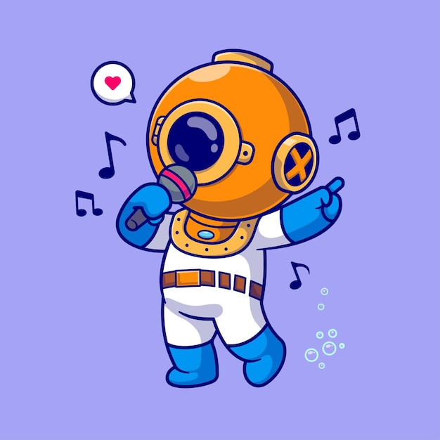 Vetor grátis cute diver cantando com microfone desenho animado ícone vetorial ilustração ciência música isolado plano