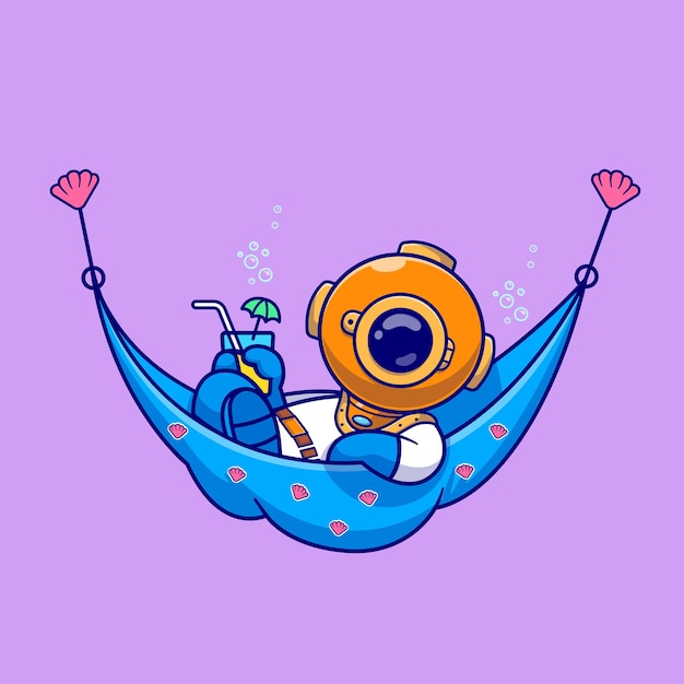 Cute diver chill on hammock with juice cartoon vector icon ilustração ciência beber isolado plano