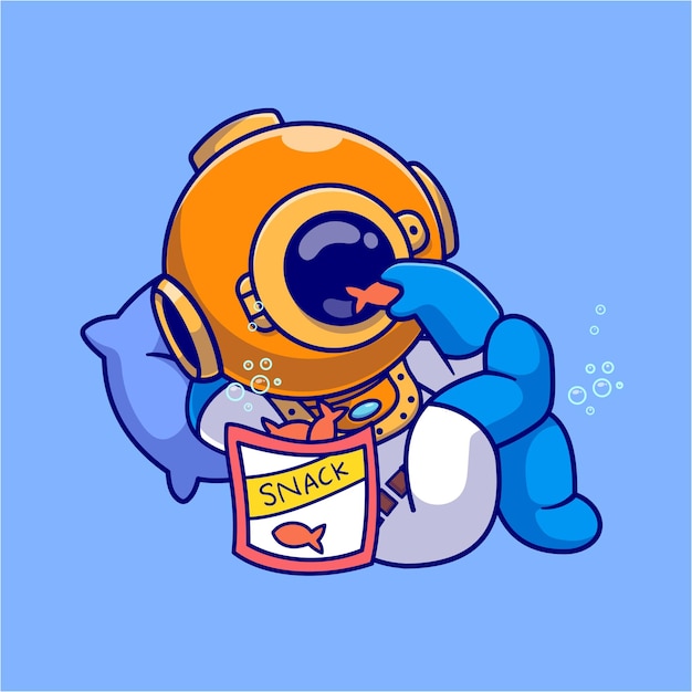 Cute diver chill with eating fish snack cartoon vector icon ilustração ciência alimentos isolados plano