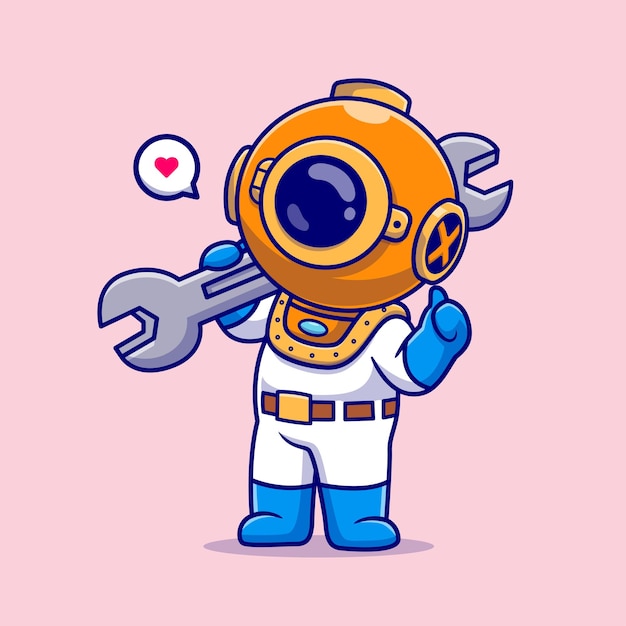 Vetor grátis cute diver handyman holding wrench cartoon vector icon ilustração ciência objeto ícone isolado
