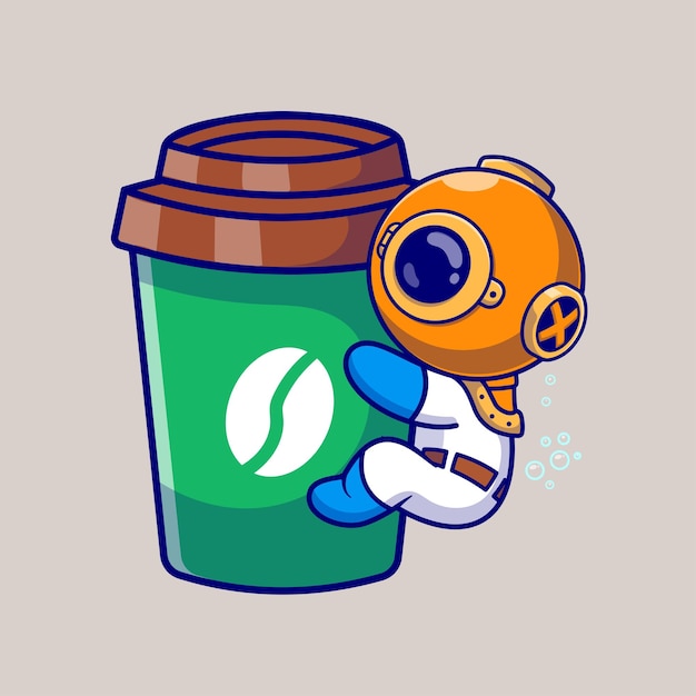 Vetor grátis cute diver hug café vector de desenho animado icon ilustração ciência icon de bebida vector plano isolado