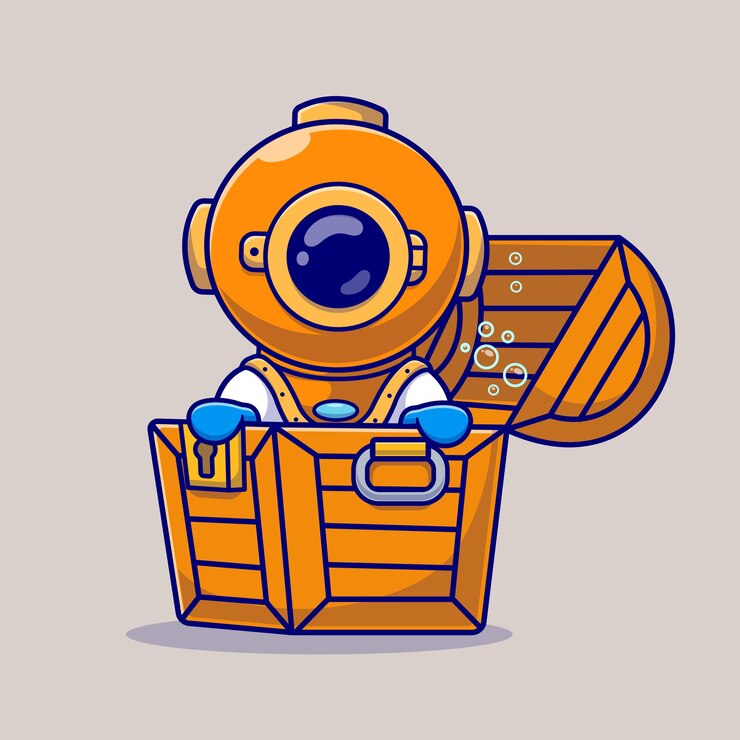 Vetor grátis cute diver in treasure box cartoon vector icon ilustração ciência natureza icon isolado vector plano