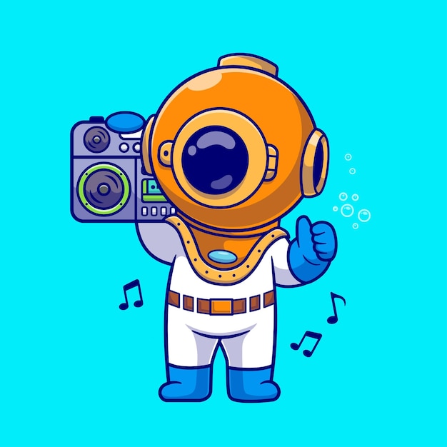 Cute diver ouvindo música com boombox desenho animado ícone vetorial ilustração ciência música isolada plana