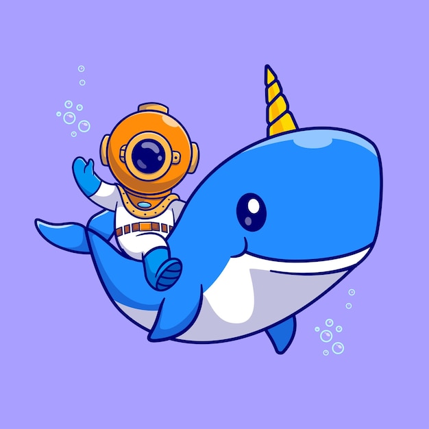 Cute diver riding whale unicorn cartoon vector icon ilustração ciência animal vector plano isolado