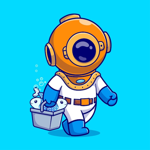 Vetor grátis cute diver traga peixe na cesta vector de desenho animado icon ilustração ciência animal vector plano isolado